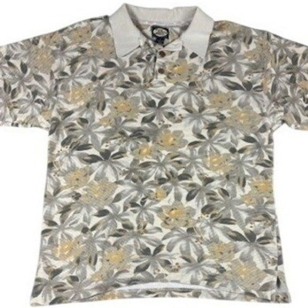 Tommy Bahama Mens Ribbed Cotton Tropical Floral‎ Polo Shirt Beige Gray Medium - Picture 1 of 9